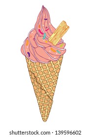 Vector illustration of pink ice cream in cone.