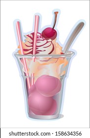 vector illustration of pink ice cream cup with waffles cream and cherry on top with spoon and sticks in glass 