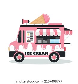 Vector illustration pink ice cream machines on white background. Decorative design elements. Mobile shop with delicious ice cream in cartoon style.