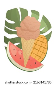 Vector illustration of pink ice cream in a waffle cone with fruits and leaves. Idea for a poster, postcard, t-shirt. Healthy food for takeout, bar or restaurant menu. Cartoon composition. Summer vibe