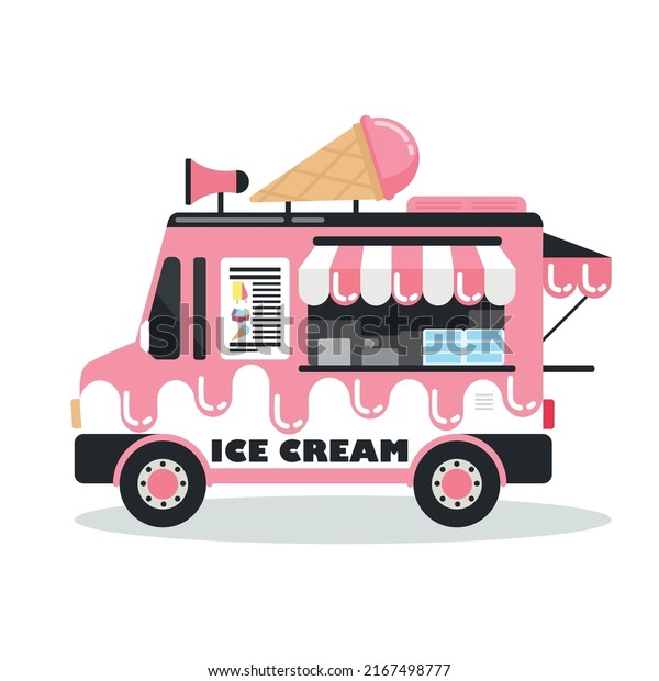 Vector illustration pink ice cream\
machines on white background. Decorative design elements. Mobile\
shop with delicious ice cream in cartoon\
style.