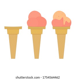 Vector illustration of pink ice in a waffle step by step on white background. 