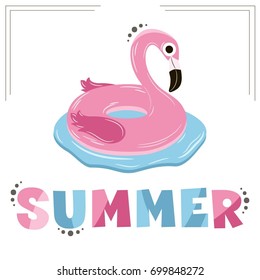 Vector illustration with pink inflatable flamingo and cute letters