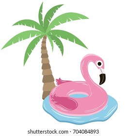 Vector Illustration With Pink Inflatable Flamingo And Palm Tree