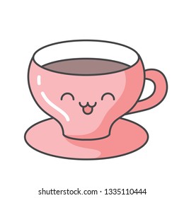 Vector illustration: pink kawaii style icon cup of coffee with cute face isolated on white background. Icon design for cafes, restourants, cafeteria, posters, banners, cards, Things for kids
