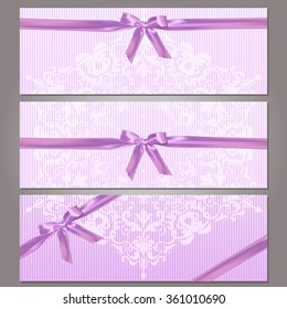 Vector illustration of a pink lace pattern or Baroque, Victorian style. 
Luxury design with space for text and an elegant bow silk ribbon.
For wedding invitations, greeting cards.