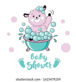 Vector illustration with a pink lamb bathes isolated and the inscription baby shower on a white background