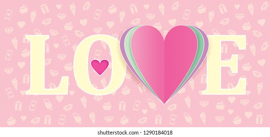 Vector illustration of pink layered heart and word love on pink with icons background all in pastel colors.