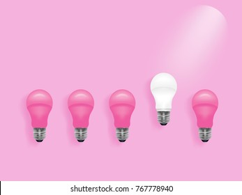 Vector illustration.The pink LED bulb is placed in a row, with one white bulb distinguished by another bulb.Outstanding minimal concept