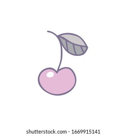 Ilustración vectorial de cereza lila rosa con hoja. El concepto de niños. Aislado de bayas de verano. Plantilla de logotipo