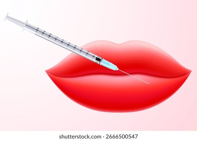Ilustración vectorial de labios rosados con jeringa de inyección. Perfecto para la belleza, el maquillaje y el concepto de aumento de labios. Beso de mujer, una sonrisa. Mirada brillante y glamurosa. 3D labios realistas en color vibrante.