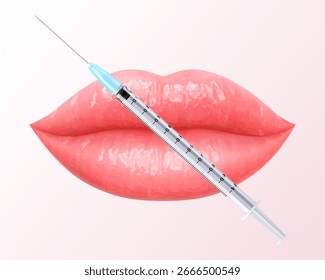 Ilustración vectorial de labios rosados con jeringa de inyección. Perfecto para la belleza, el maquillaje y el concepto de aumento de labios. Beso de mujer, una sonrisa. Mirada brillante y glamurosa. 3D labios realistas en color vibrante.
