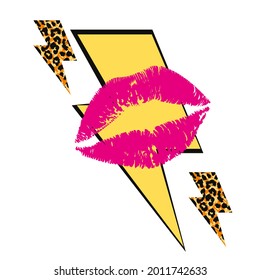 ilustración vectorial de los labios rosados en un símbolo de relámpago amarillo. Diseño para afiches, camisetas o pegatinas.