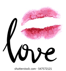 Vector illustration of pink lips print and lettering Love. Vector lipstick kiss isolated on white background.Lips track, lip print on paper, handwritten text.