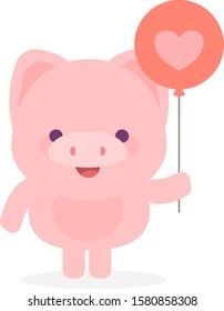 Vector illustration of pink little happy pig with red air balloon on white background with shadow. Flat style design of piggy for web, site, banner, poster, greeting card