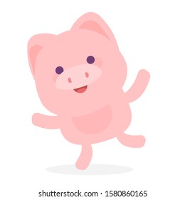 Vector illustration of pink little happy pig on white background with shadow. Flat style design of piggy for web, site, banner, greeting card