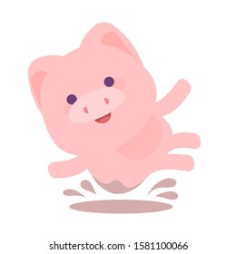 Vector illustration of pink little happy pig bathes in a pool of mud on white background. Flat style design of piggy for web, site, banner, greeting card