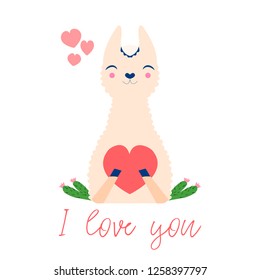 Vector illustration of a pink llama or alpaca with the inscription Love you on a white background. Image for children, cards, invitations, print, textiles. - vector