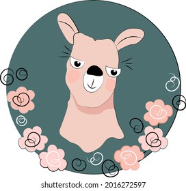 Vector illustration of a pink llama in a round frame with floral elements, childrens design, print, postcard.