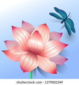 Vector illustration pink lotus flower and dragonfly. Vector paper.