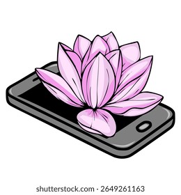 Ilustração vetorial de uma flor de lótus rosa delicadamente colocada em um smartphone moderno, simbolizando a mistura serena de natureza e tecnologia.