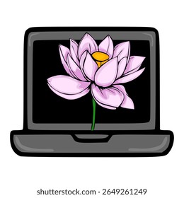 Ilustração vetorial de uma flor de lótus rosa exibida em uma tela de laptop, simbolizando a mistura serena da natureza e da tecnologia.