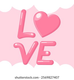 Vector illustration of pink love lettering with heart and cloud on pink background