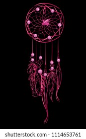 Vector illustration with pink luxury dream catcher with feathers and jewels on a black background. Ornate ethnic items, feathers, beads