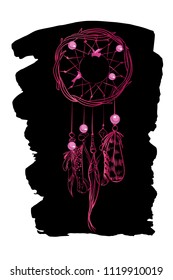 Vector illustration with pink luxury dream catcher with feathers and jewels on a black background. Ornate ethnic items, feathers, beads