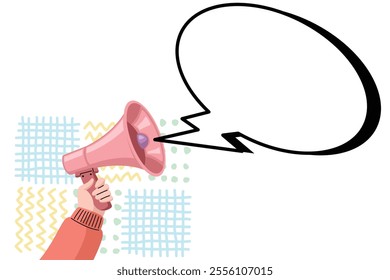 Vector illustration of a pink megaphone with a speech bubble, representing announcements, creativity, and promotion.