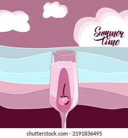 Vector Illustration With Pink Mimosa Cocktail And Seascape And Text Summer Time In Flat Technique 