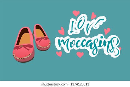 Vector illustration of pink moccasins with lettering. Nice banner for shoe store