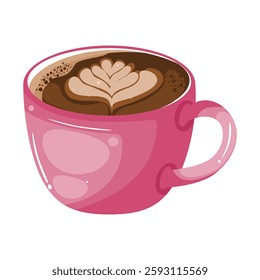 A vector illustration of a pink mug filled with latte art coffee, featuring a delicate heart design on the foam. This image captures the beauty and artistry of coffee, perfect for cafe and beverage-re