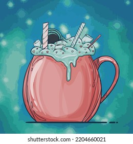 Vector illustration of pink mug with milkshake and sweets