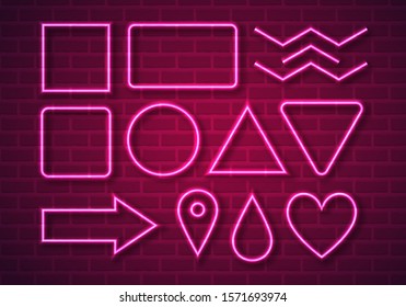 Vector Illustration of Pink Neon Shapes on Brick Wall. Electronic Neon Glowing Frames for Your Text