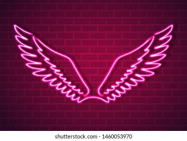 Vector Illustration of Pink Neon Wings on Brick Wall