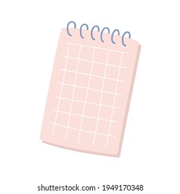 Vector illustration of pink notebook or notepad with spiral. Isolated on white background. Cute cartoon artwork in flat doodle style. Open notepad with squared paper
