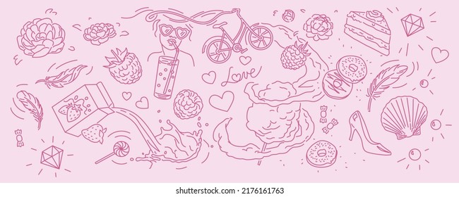 Vector illustration of pink objects line art