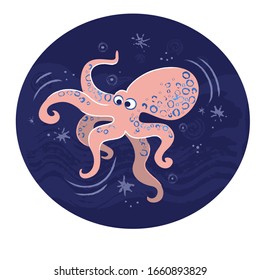 Vector illustration of pink octopus on darc blue background with stars.