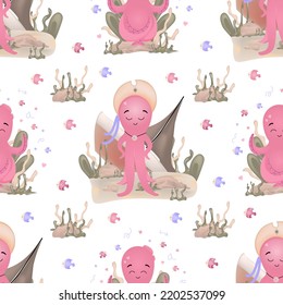 Vector illustration of a pink octopus. Seamless pattern for babies. Sea squid illustration for children's room. Cute cartoon octopus pattern. Summer marina background.