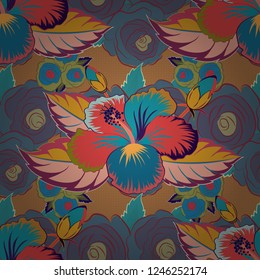 Vector illustration. Pink, orange and blue hibiscus flowers seamless pattern.