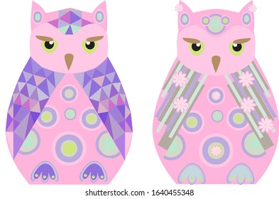 Vector illustration. Pink owls in love. February 14. Valentine's day. Isolated on a white background.