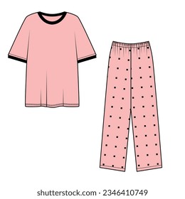 Ilustración vectorial de pijamas rosas. Un conjunto de camisetas y pantalones para el hogar y el ocio. Esbozo de ropa de mujer de pantalones claros con una banda elástica y una camiseta de tamaño excesivo.