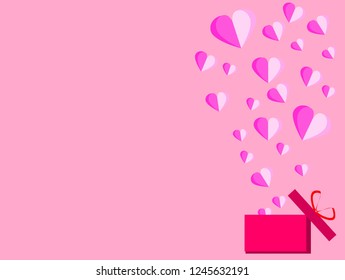 Vector illustration of pink paper heart floating out of a pink gift box with copy space.