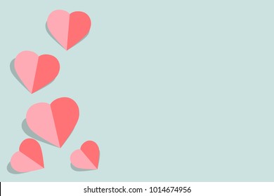 vector illustration with pink paper hearts Valentines day card on pastel blue background with copy space for greeting card or wedding card