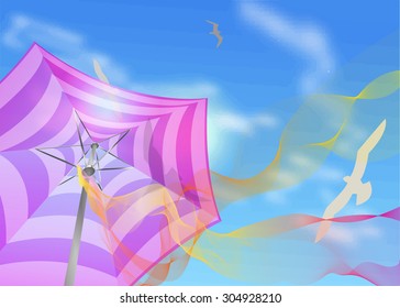 Vector illustration: pink parasol with white stripes, shawl and gulls.