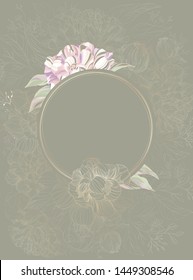 vector illustration with pink peonies, oval frame