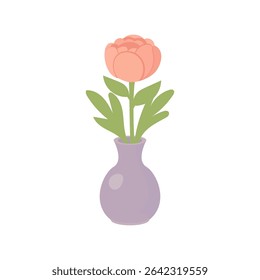 Vector Illustration of Pink Peony Flower in Purple Vase with Green Leaves Isolated on White Background