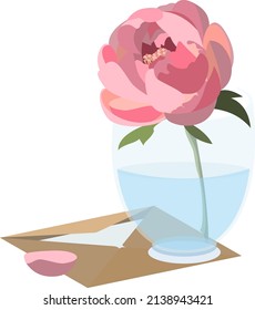 Vector illustration of pink peony put in glass standing on letter envelope. Isolated in white background