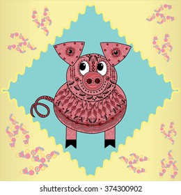 Vector illustration of the pink pig in abstract puddle with color splashes. Zentangle style